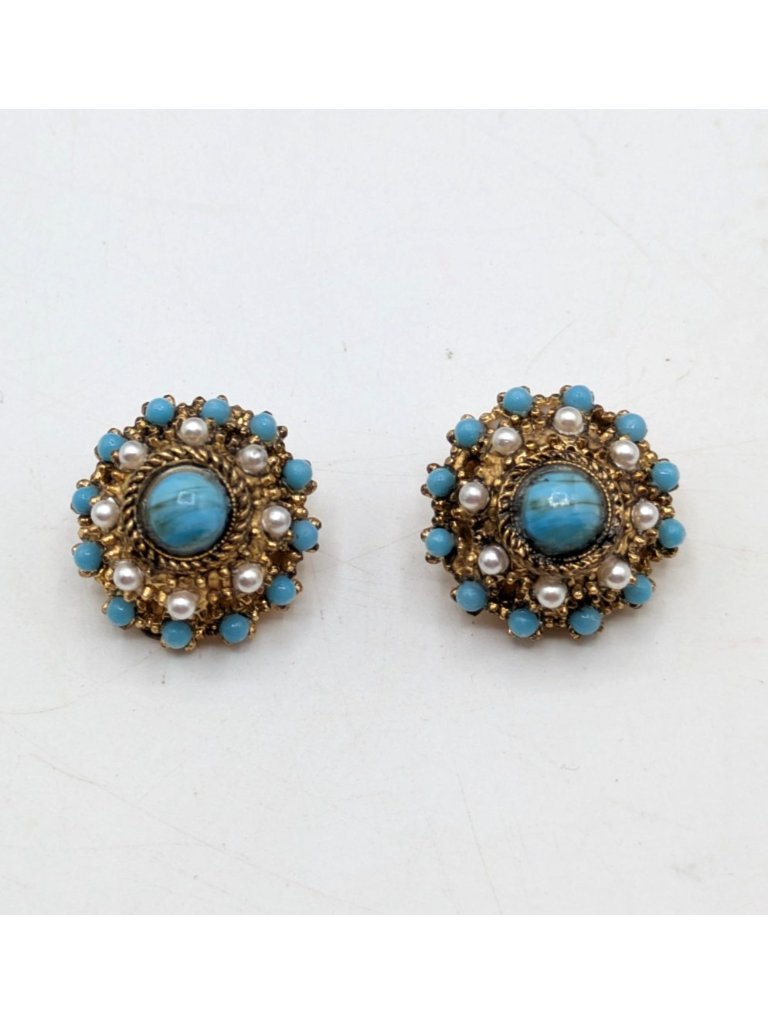 Vintage Turquoise Glass And Faux Pearl Clip On Earrings Round Gold Tone